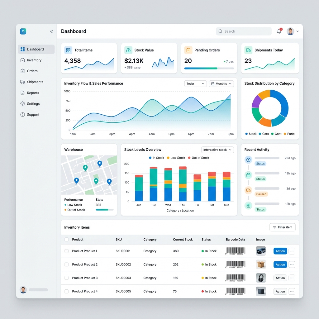 ERP inventory dashboard showing real time stock levels warehouse items and inventory status
